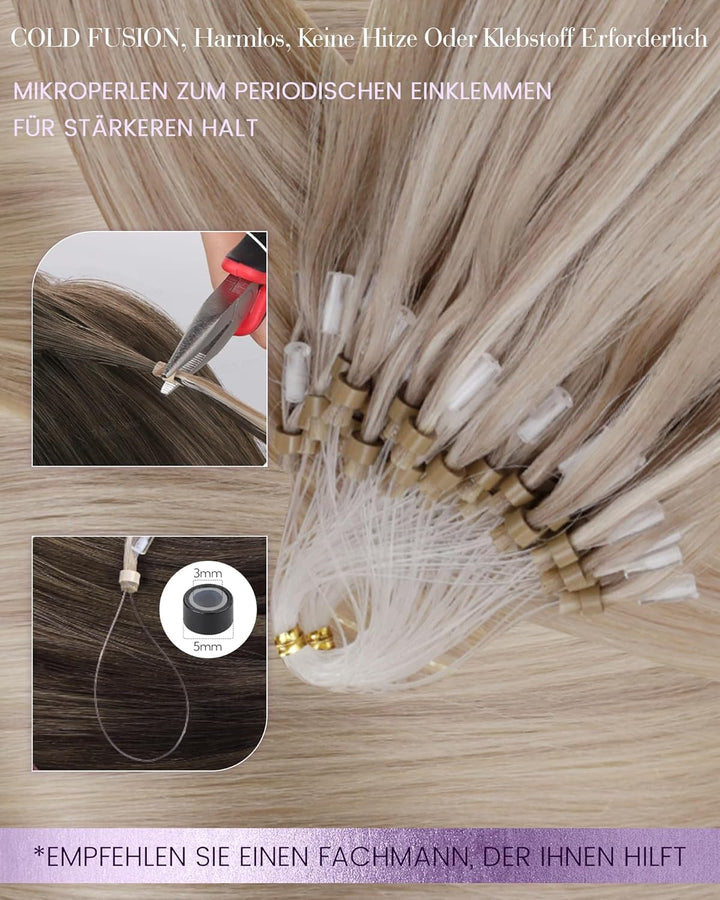 LaaVoo Micro Loop Extensions Echthaar Microring Extensions 55cm Aschblond mit Blond Strähnchen Micro