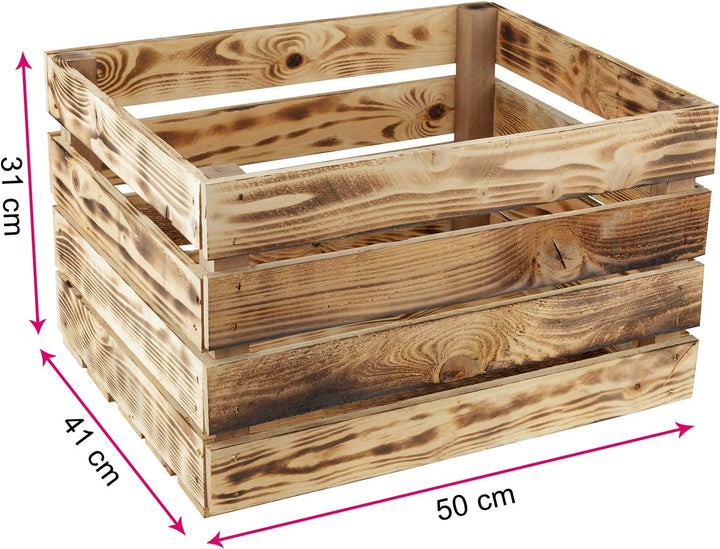 GrandBox Geflammte Holz-Kiste 50x40x30 cm, Wein-Kiste, Obst-Kiste, Deko-Kiste, Aufbewahrung Vintage