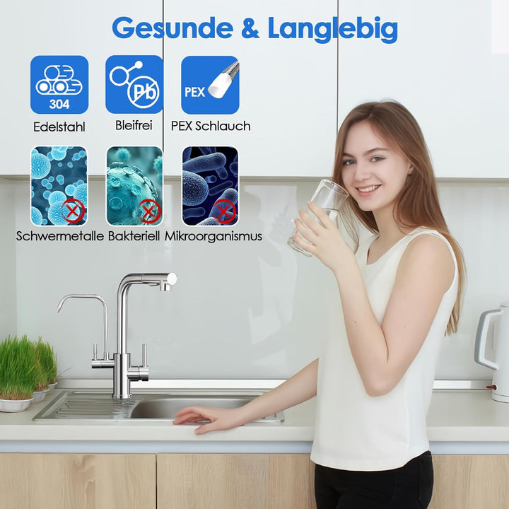 ROVOGO 3 Wege Wasserhahn Küche mit Filter, Hochdruck Küchenarmatur mit 2 Strahlarten Brause Ausziehb