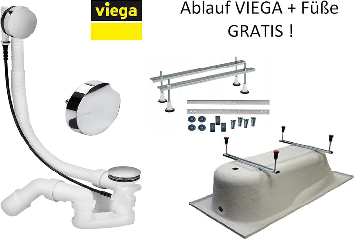 KOLMAN Badewanne TALIA Rechteck 160x75 mit Wannenträger, Ablaufgarnitur und Füssen Komplettset 4in1
