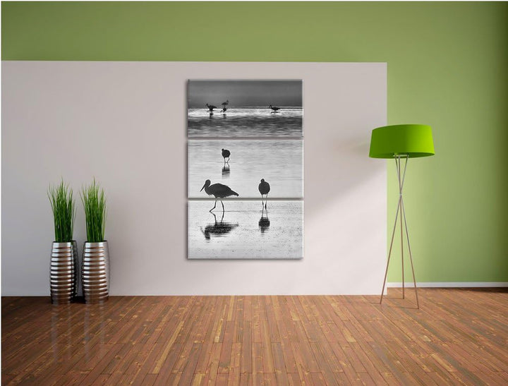 Pixxprint Störche im Wasser als Leinwandbild | Grösse: 3 Teilig (120x80) | Wandbild| Kunstdruck | fe