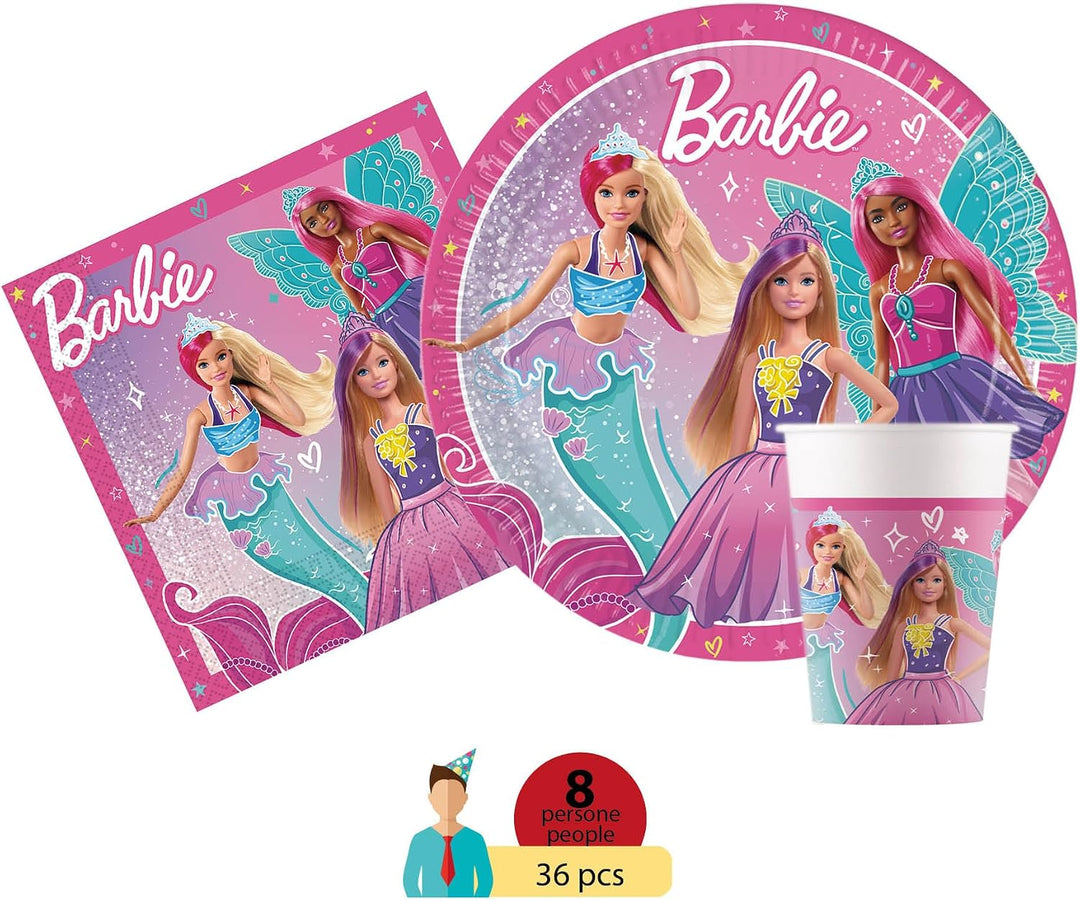 Ciao Partygeschirr Party-Set Barbie Fantasy für 8 Personen (36 pcs: 8 Pappteller Ø23cm, 8 Becher 200