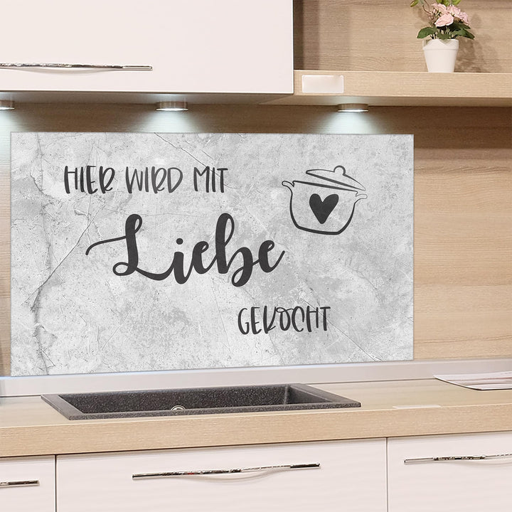 GRAZDesign Spritzschutz Küchenrückwand Glas Küche für Herd & Küchenspüle, Grau Steinoptik und Spruch