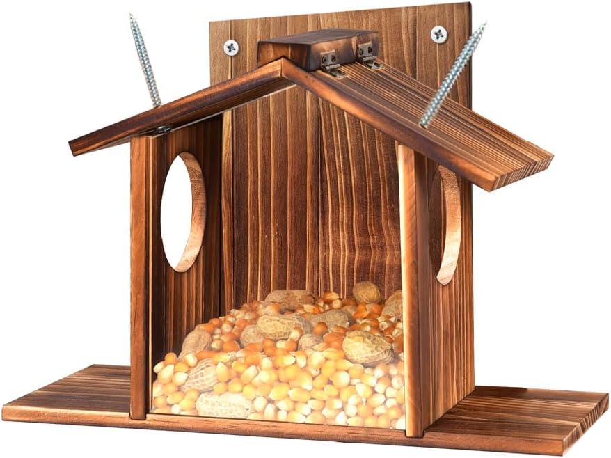 Eichhörnchen Futterhaus mit Sichtfenster & Klappdach - Wetterfeste Futterstation für Nüsse, Mais und