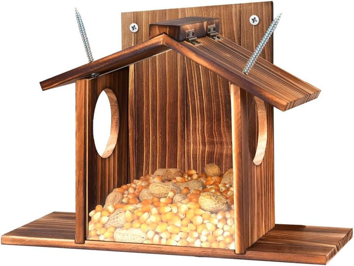 Eichhörnchen Futterhaus mit Sichtfenster & Klappdach - Wetterfeste Futterstation für Nüsse, Mais und