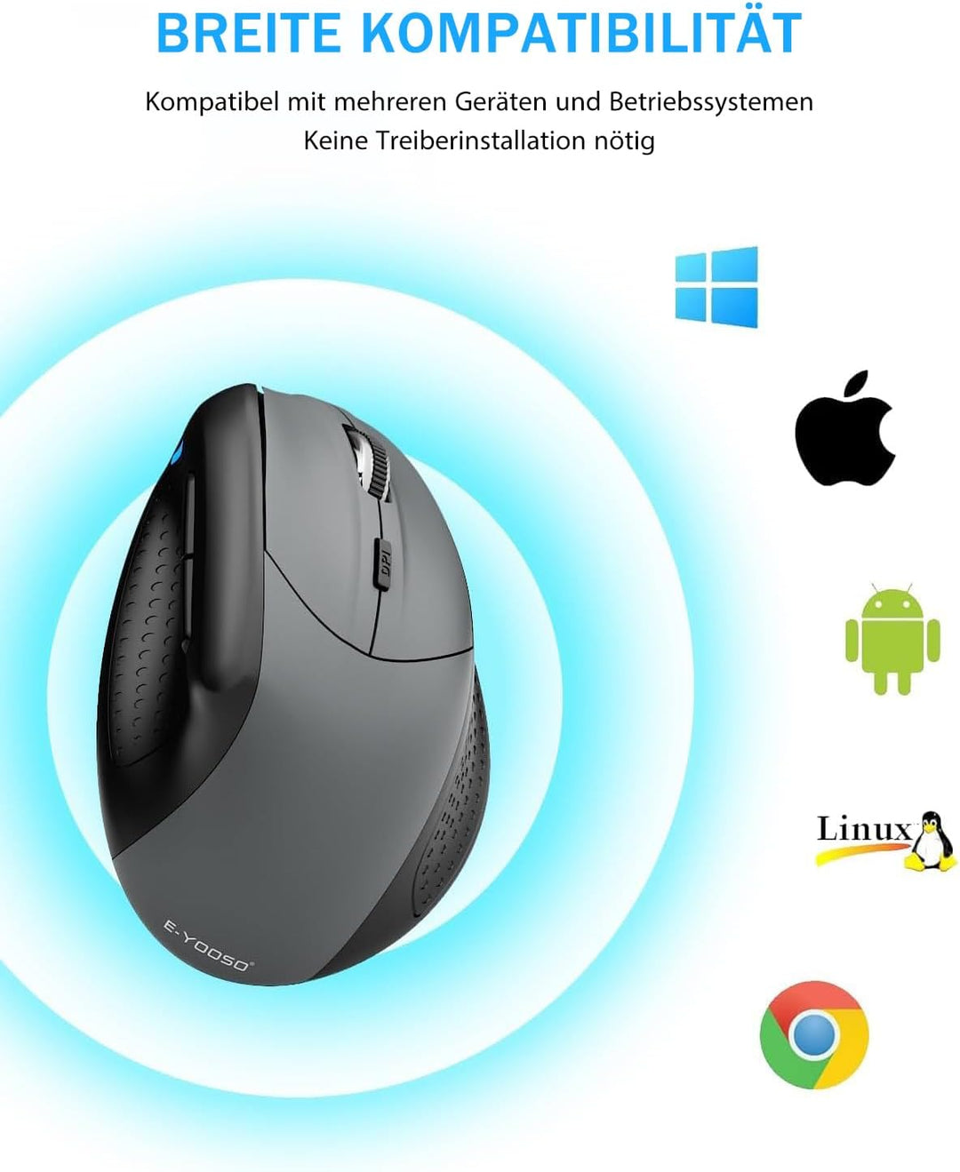 E-Yooso Ergonomische Kabellose Vertical Maus, mit 6 Tasten,Wiederaufladbarer Akku,5 einstellbaren DP