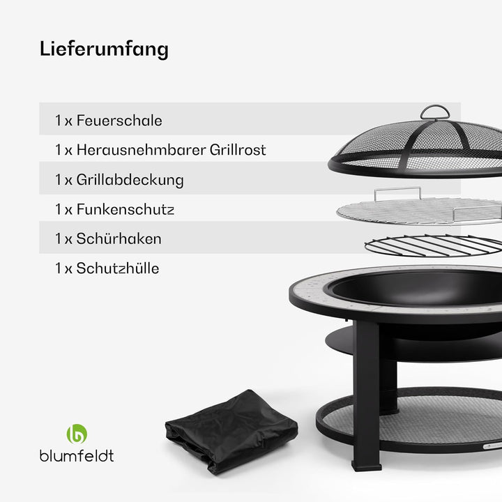 Blumfeldt Merano Circolo Feuerschale - 3-in-1 Feuerschale Mit Grillrost & Tisch, Robuster Stahlrahme