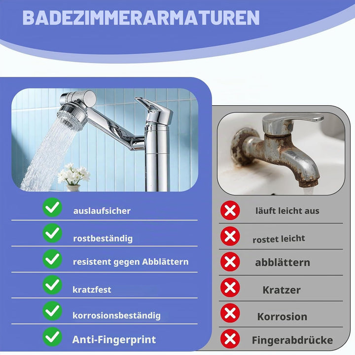Wasserhahn Bad 360° Drehbar Einhand-Waschtischarmatur für Kalt- und Warmwasser, Wassersparende Misch