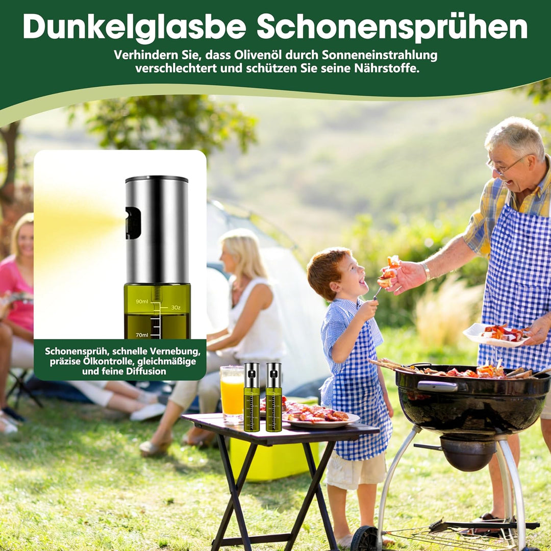Ölsprüher für Speiseöl, 2 Stück UV-Schutz Sprühflasche Öl, Glas mit Etiketten Öl Zerstäuber Küche Öl