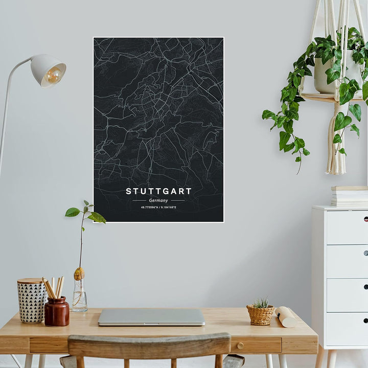 wandmotiv24 Poster als Wanddeko, Grösse Din A2, Strassen Karte Stuttgart, Deutschland, Schwarz, Mode