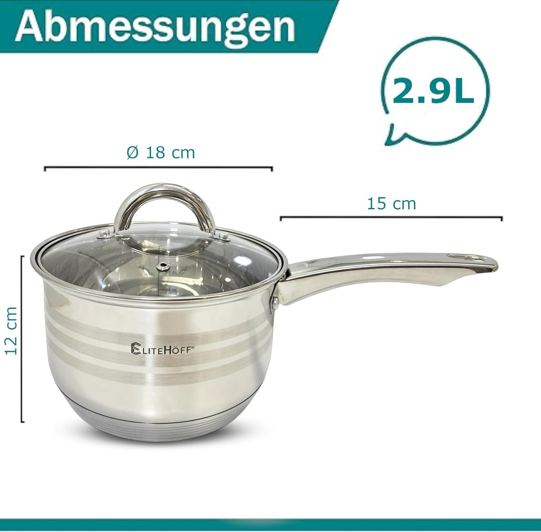 EliteHoff Stielkasserolle 7-Lagen Edelstahl Kasserolle mit Deckel, Kochtopf Induktion, Topf für alle