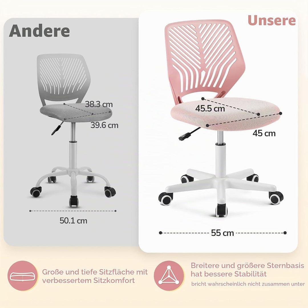 Yaheetech Bürostuhl ohne Armlehnen ergonomisch Schreibtischstuhl Hellrosa | Drehstuhl mit Rücklehne