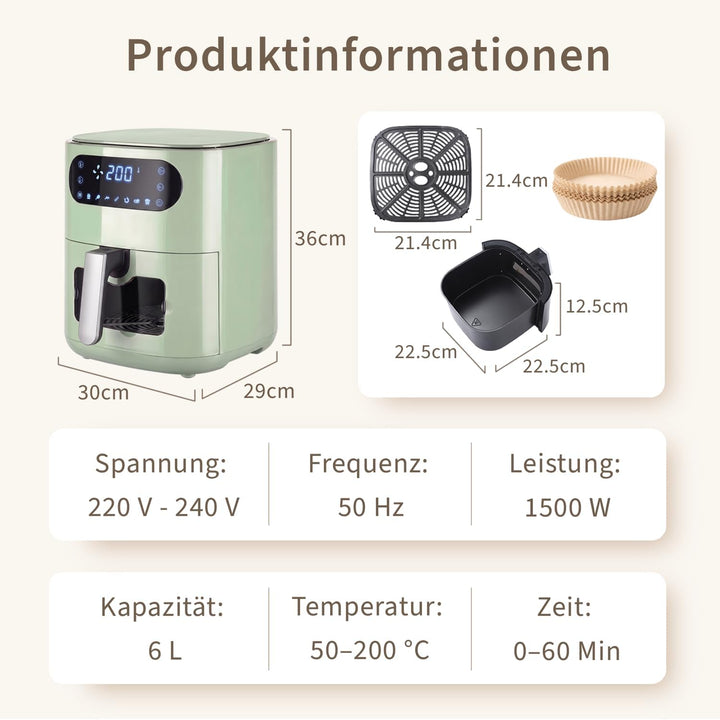 Citybee Airfryer Heissluftfritteuse 6L Sichtfenster - 7 Garprogramme 11 Funktionen Leise Heissluftfr