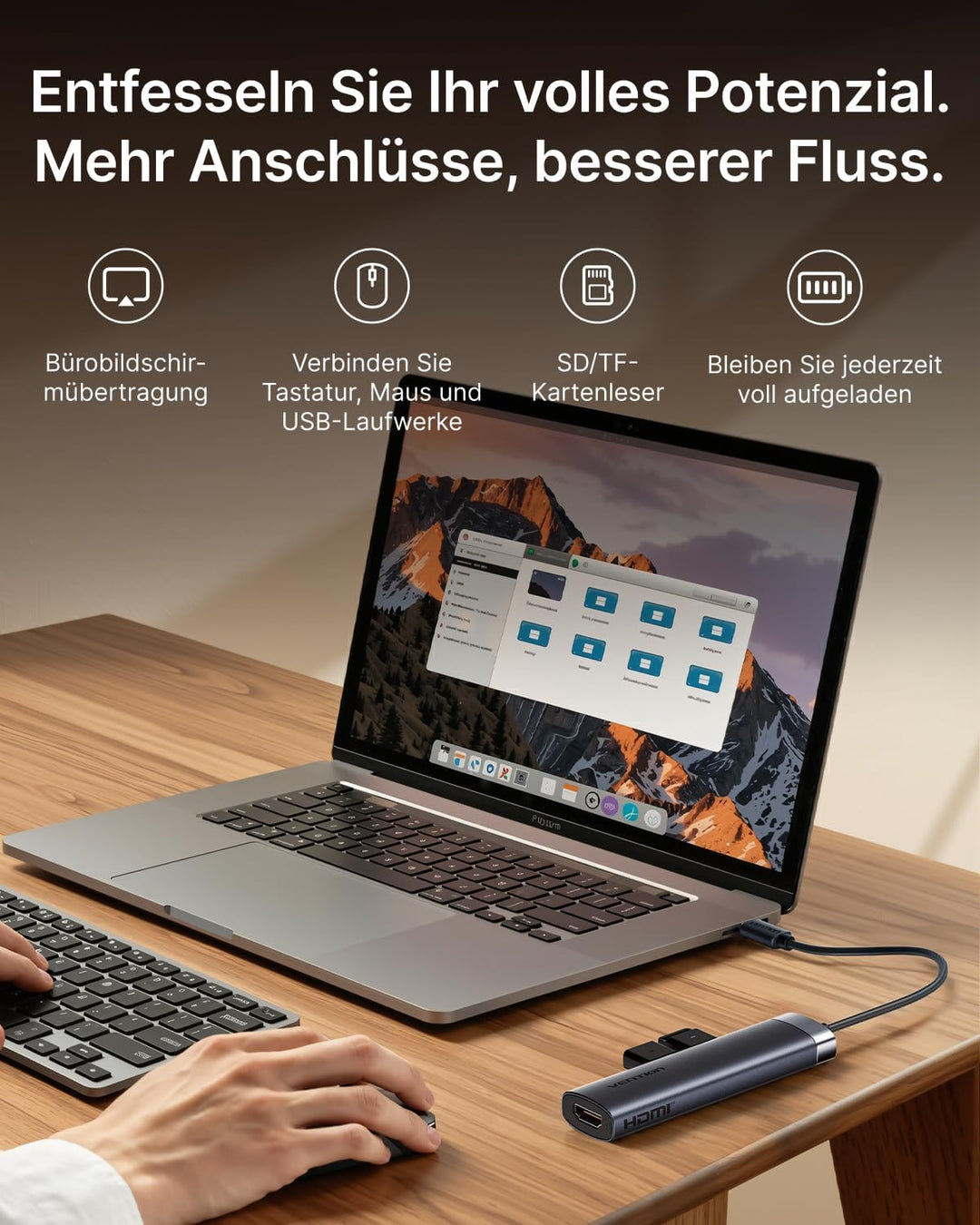 VENTION USB C Hub PD 100W, 6 in 1 Docking Station, 4K@30HZ HDMI, USB A 3.0 Data Transfer Splitter Po