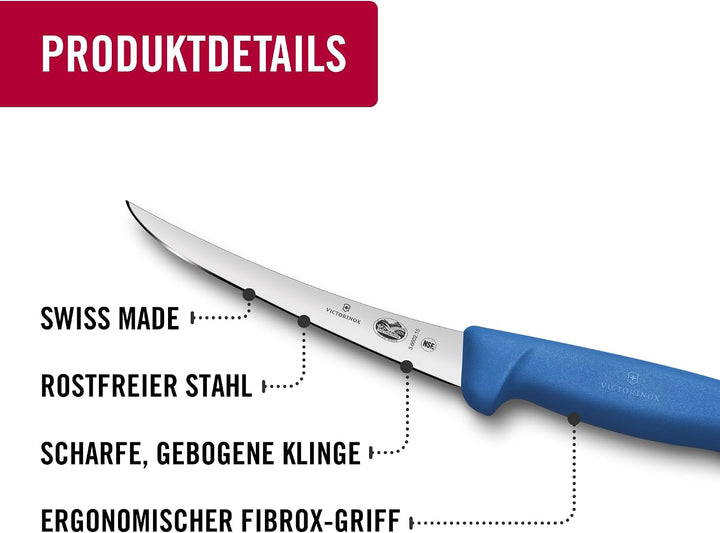 Victorinox Fibrox Ausbeinmesser, Scharfes Küchenmesser für Fleisch und Fisch, 15 cm, Gebogene Klinge