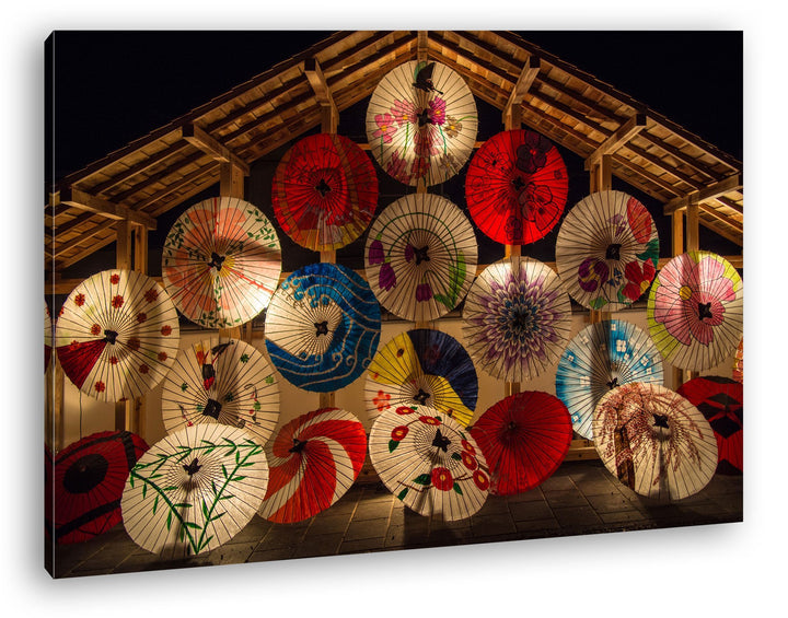 deyoli viele bunte japanische Regenschirme Format: 100x70 als Leinwand, Motiv fertig gerahmt auf Ech