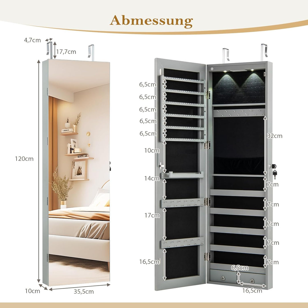 RELAX4LIFE Schmuckschrank Hängend, Spiegelschrank mit LED-Beleuchtung & Spiegel & Schloss, Schmuckor