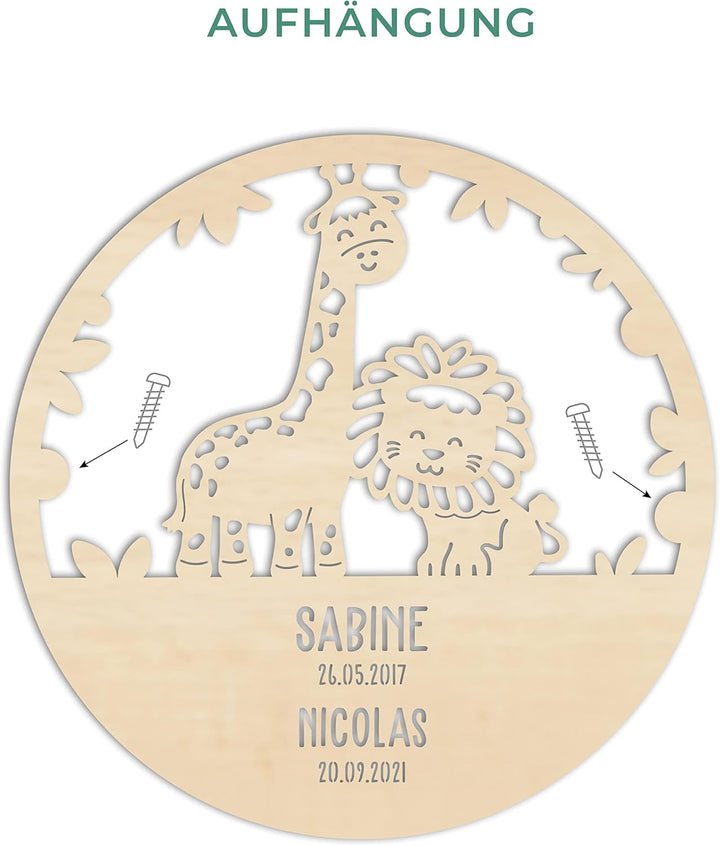 LAUBLUST Nachtlicht Kinderzimmer Personalisiert - Löwe & Giraffe - 30x0,4 cm - Natur - Wandlampe Hol