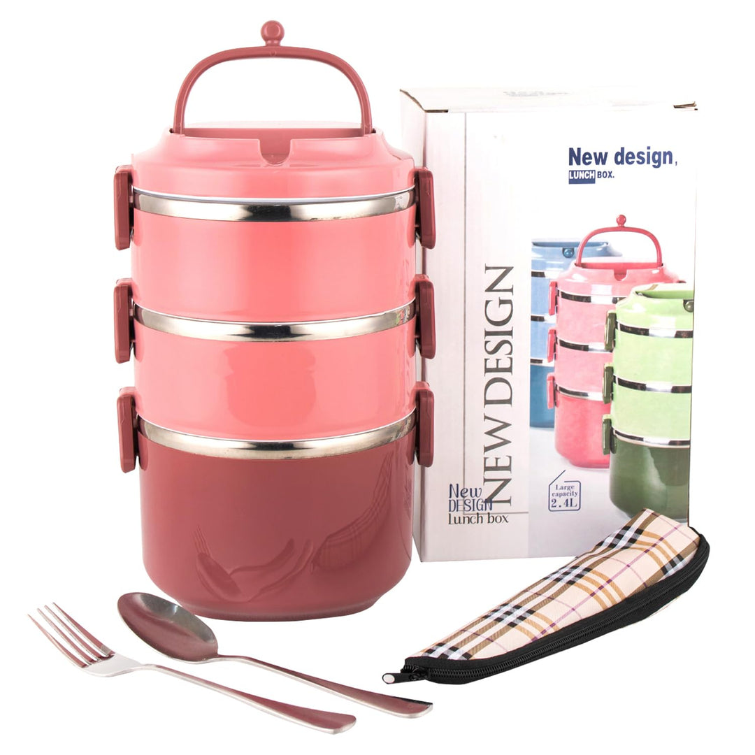 SANQIAHOME 3 Schichten Mehrschichtige stapelbare Edelstahl-Lunchbox,Auslaufsicher,rosa Rosa 3 Schich