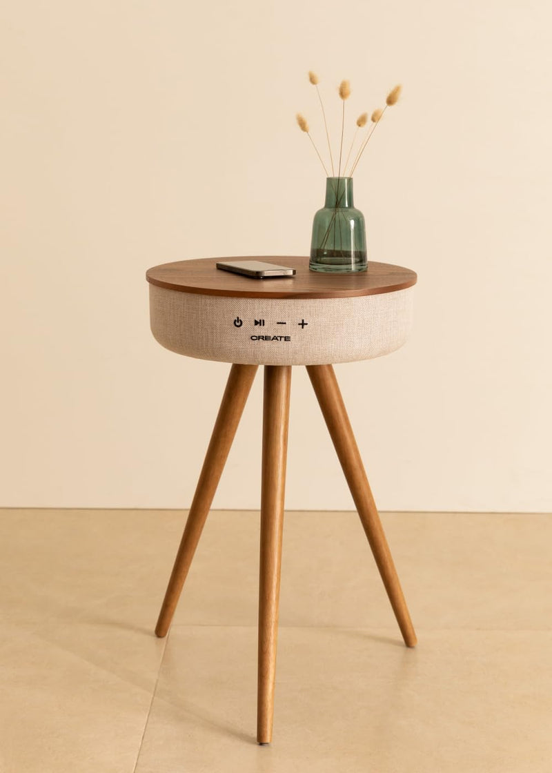 CREATE / Speaker Tisch/Tisch Lautsprecher aus dunklem Holz/Bluetooth und kabellosem Smartphone-Ladeg