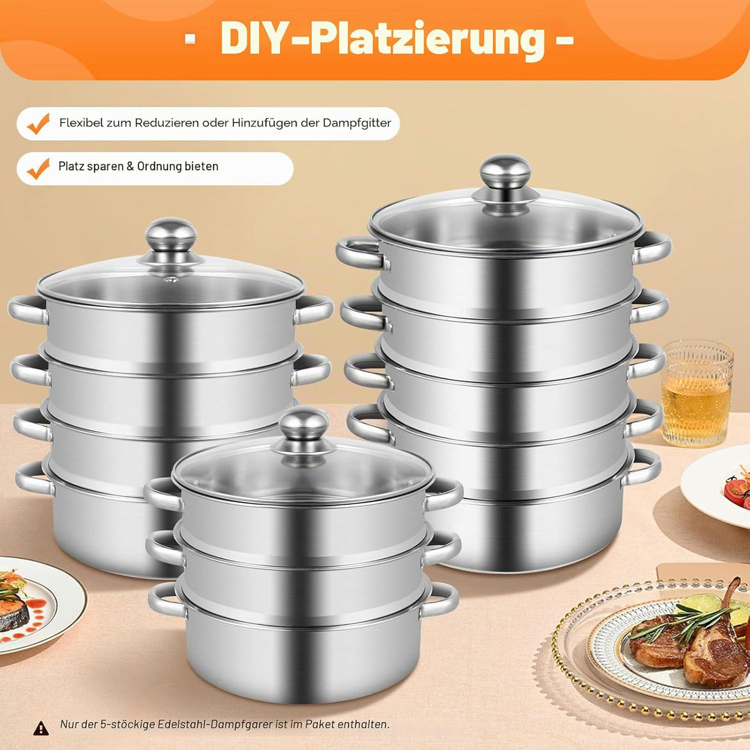 5-stufiger Edelstahl-Dampfgarer, lebensmittelecht mit Glasdeckel Dampfgarer, faltbarer Dampfgarer mi