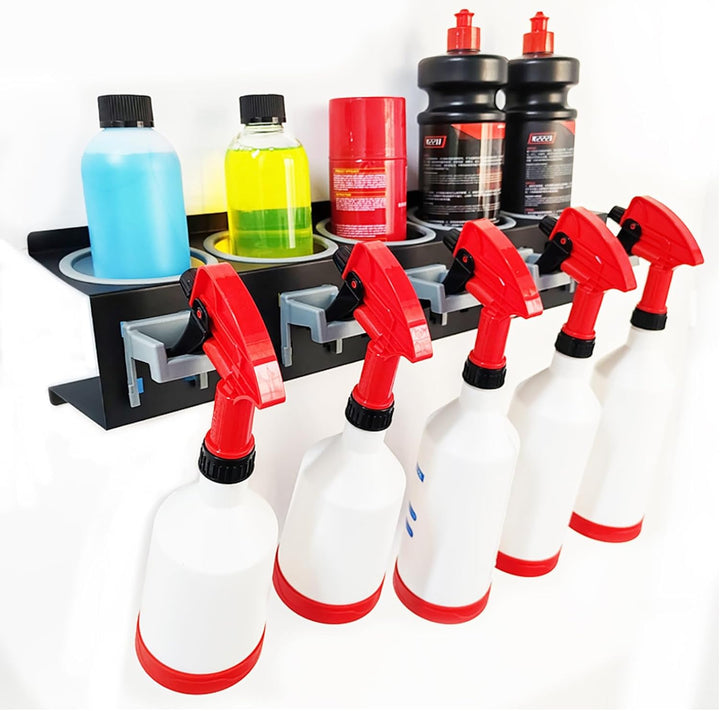Sprühflaschenhalter mit 5 Löchern und 5 Kunststoff-Aufhängehaken, Sprühdosenhalter für Garage Werkst