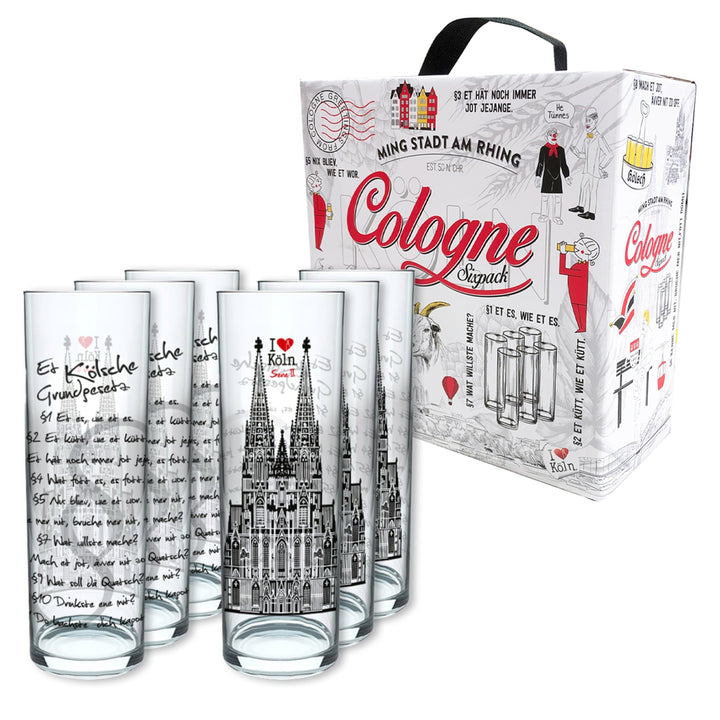 3forCologne Kölschglas | 6er Pack je 0,2ml | Kölsches Grundgesetz & | Biergläser, Kölsch-Stangen, Tr