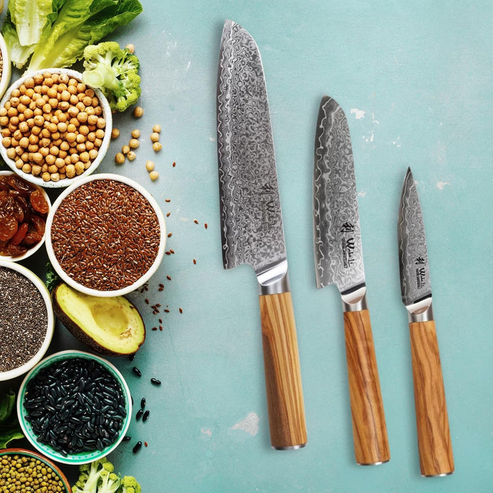 Wakoli Oribu 3er Damastmesser-Set mit 9-18cm Klingen gefertigt aus 67 Lagen echtem Damaststahl mit O