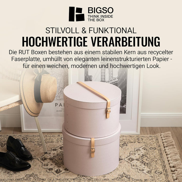 BIGSO RUT 2er-Set Aufbewahrungsbox mit Deckel – runde Ordnungsbox mit Lederriemen – grosse und klein