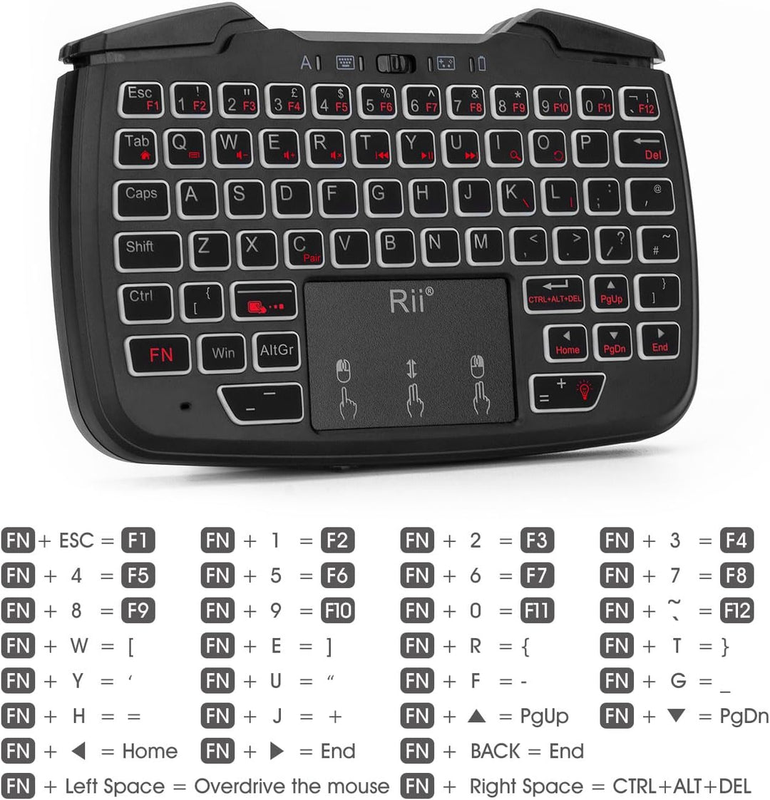 Rii RK707 Mini-Tastatur- und Maus-Kombination mit Trackpad, Media-Tastatur-Maus mit Game-Controller,