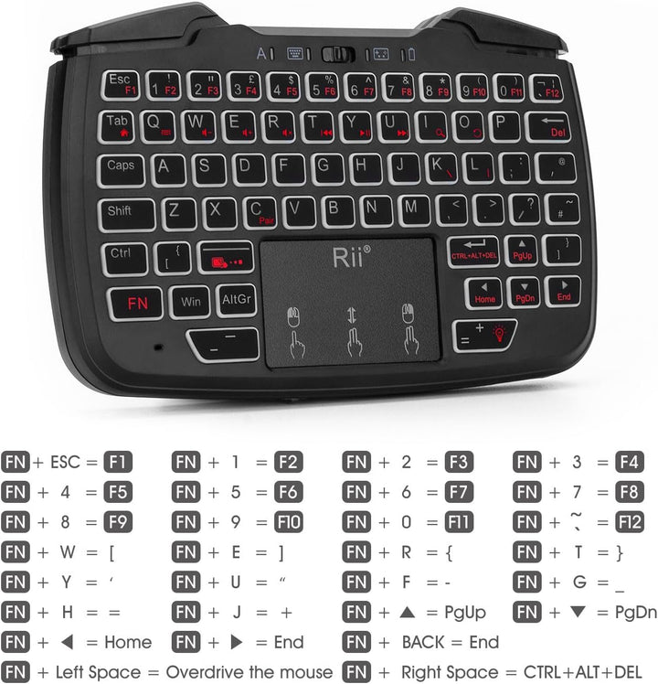 Rii RK707 Mini-Tastatur- und Maus-Kombination mit Trackpad, Media-Tastatur-Maus mit Game-Controller,
