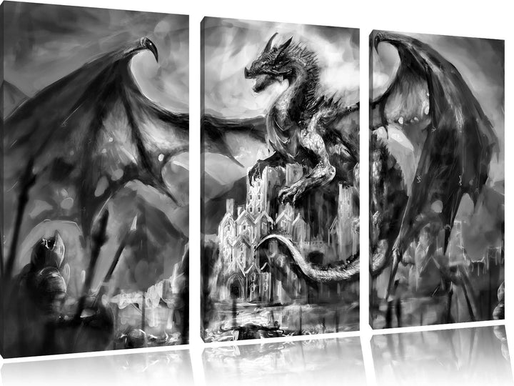 Pixxprint Drache schützend über Burg als Leinwandbild | Grösse: 3 Teilig (120x80) | Wandbild| Kunstd