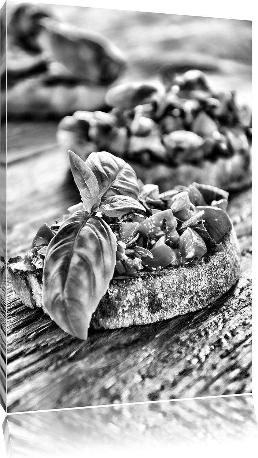 Pixxprint Monocrome, Köstliche Tomaten Bruchetta, Format: 100x70 auf Leinwand, riesige Bilder fertig