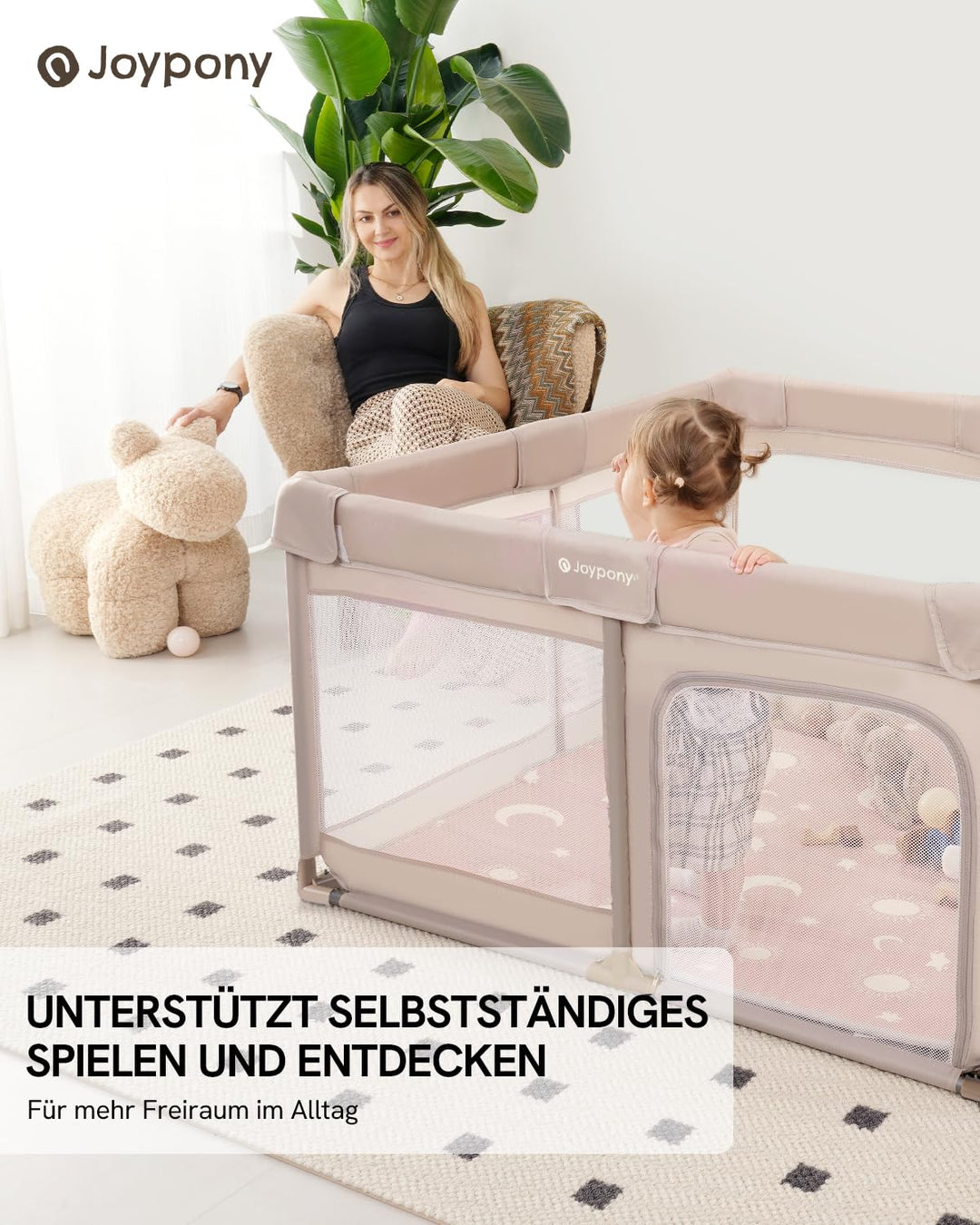 Joypony Baby Laufstall 127 x 127 cm mit Matte, Laufgitter Baby mit atmungsaktivem 360° Netz, rutschf