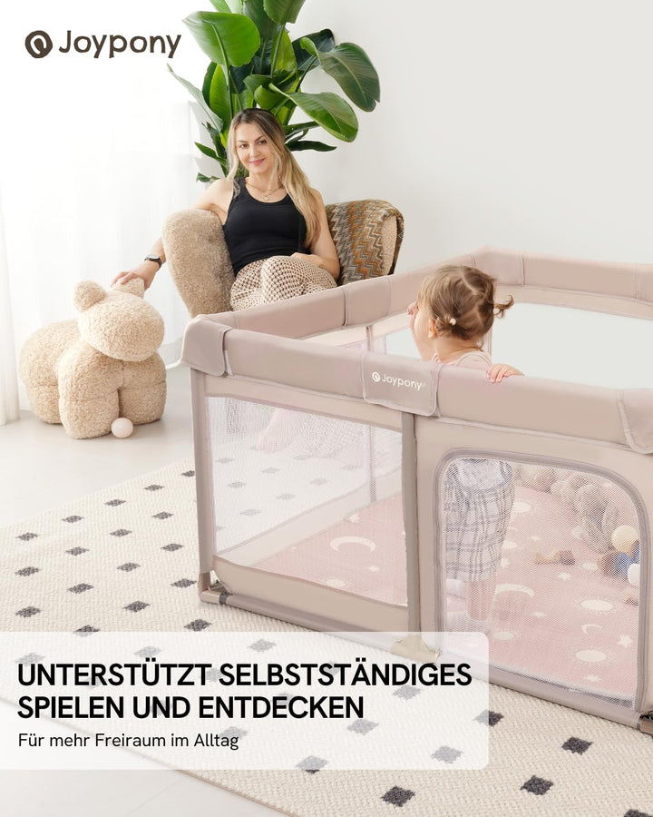 Joypony Baby Laufstall 127 x 127 cm mit Matte, Laufgitter Baby mit atmungsaktivem 360° Netz, rutschf