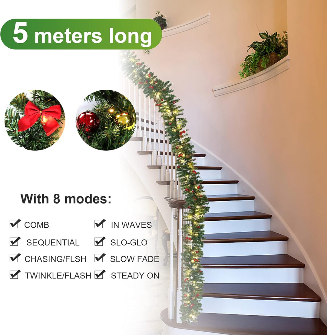 Gimisgu Weihnachtsgirlande Künstliche 5m Weihnachtsdeko mit Beleuchtung Warmweiss 8 Modus Tannengirl