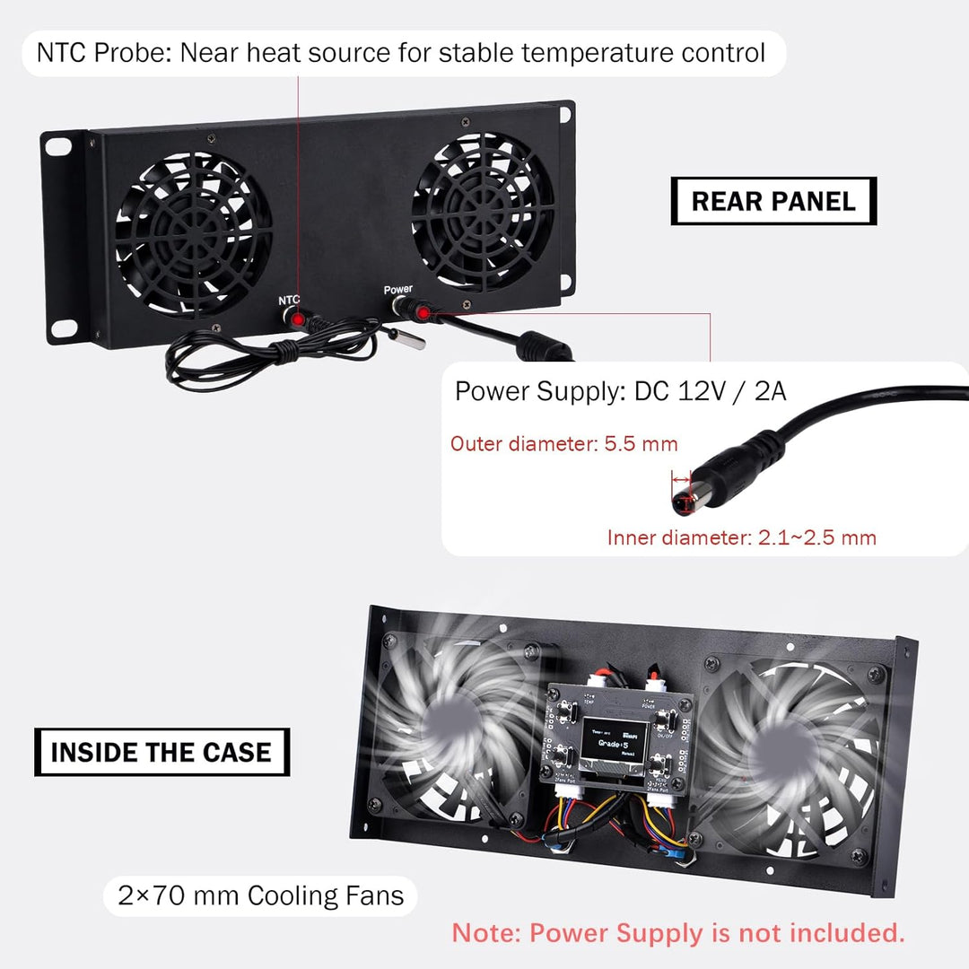 GeeekPi 10-Zoll 2U Rackmontage Dual-Fan-Kühlpanel mit OLED-Display & 2X 70-mm-Aktivlüfter für 10-Zol