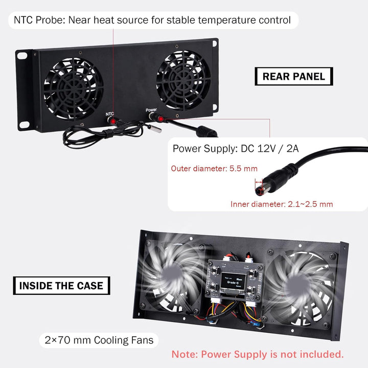 GeeekPi 10-Zoll 2U Rackmontage Dual-Fan-Kühlpanel mit OLED-Display & 2X 70-mm-Aktivlüfter für 10-Zol