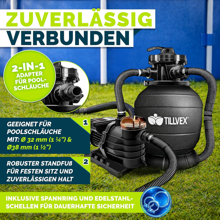 tillvex® Sandfilteranlage Pool mit Timer 13.200L/h + 1200g Filterbälle Schwarz Mit Timer, Schwarz Mi