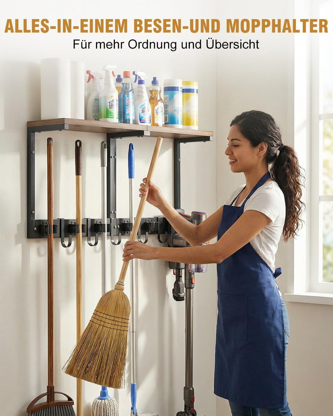 Supforce Besenhalter Wandmontage mit Holzablage, robuster Gerätehalter aus Metall mit Staubsaugerhal