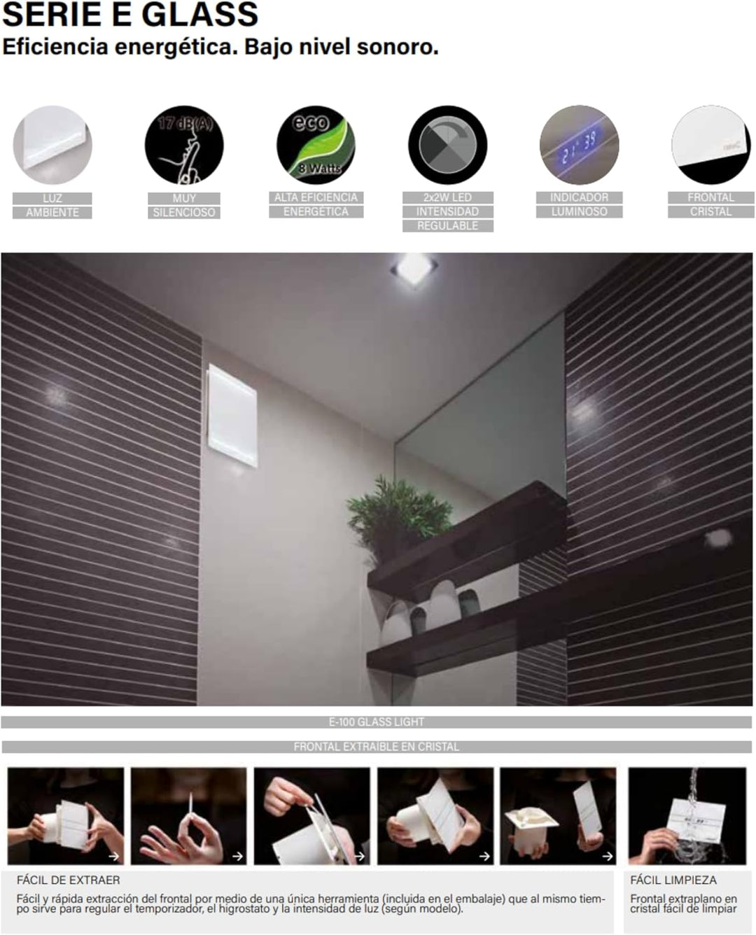 E-100 GTH - Abluftventilator Bad - Serie E Glass Hygro - Glasfront - Zeitschaltuhr Luftfeuchtigkeits