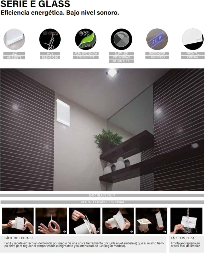 E-100 GTH - Abluftventilator Bad - Serie E Glass Hygro - Glasfront - Zeitschaltuhr Luftfeuchtigkeits