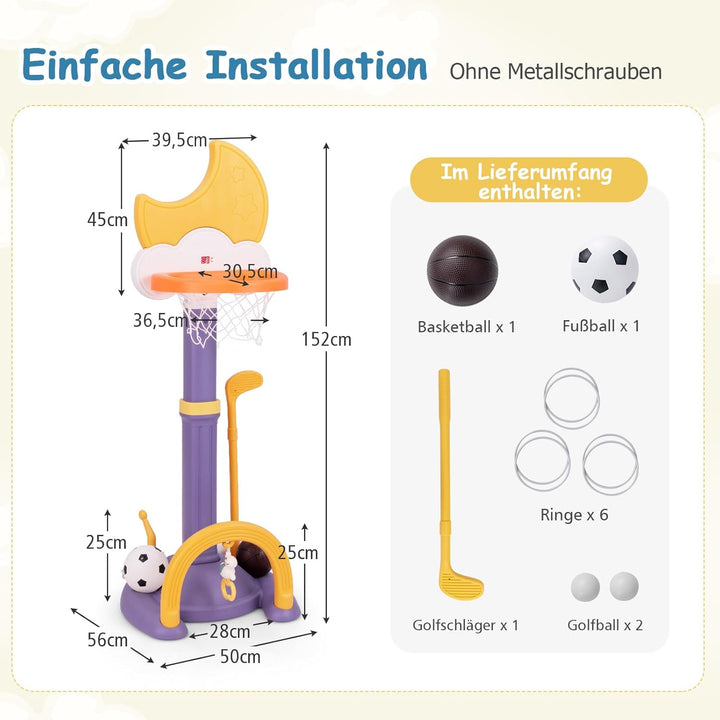 COSTWAY 4 in 1 Kinder Basketballkorb Set, Basketballständer höhenverstellbar mit Basketball & Fussba