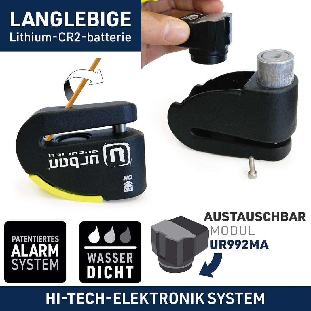 URBAN 999 Hi-Tech Bremsscheibenschloss mit Alarm 120dB ON/OFF Empfindlichkeit A+, Maximale Sicherhei