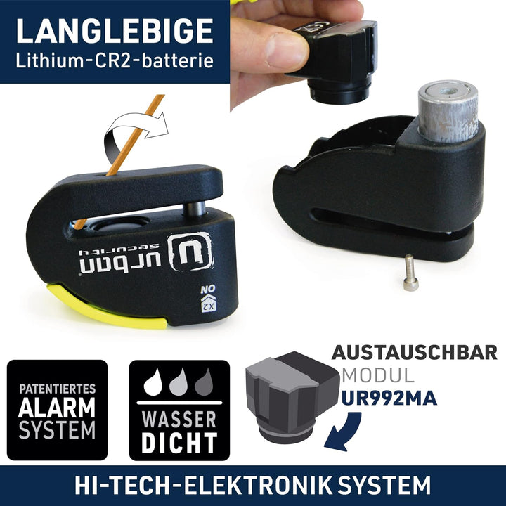 URBAN 999 Hi-Tech Bremsscheibenschloss mit Alarm 120dB ON/OFF Empfindlichkeit A+, Maximale Sicherhei