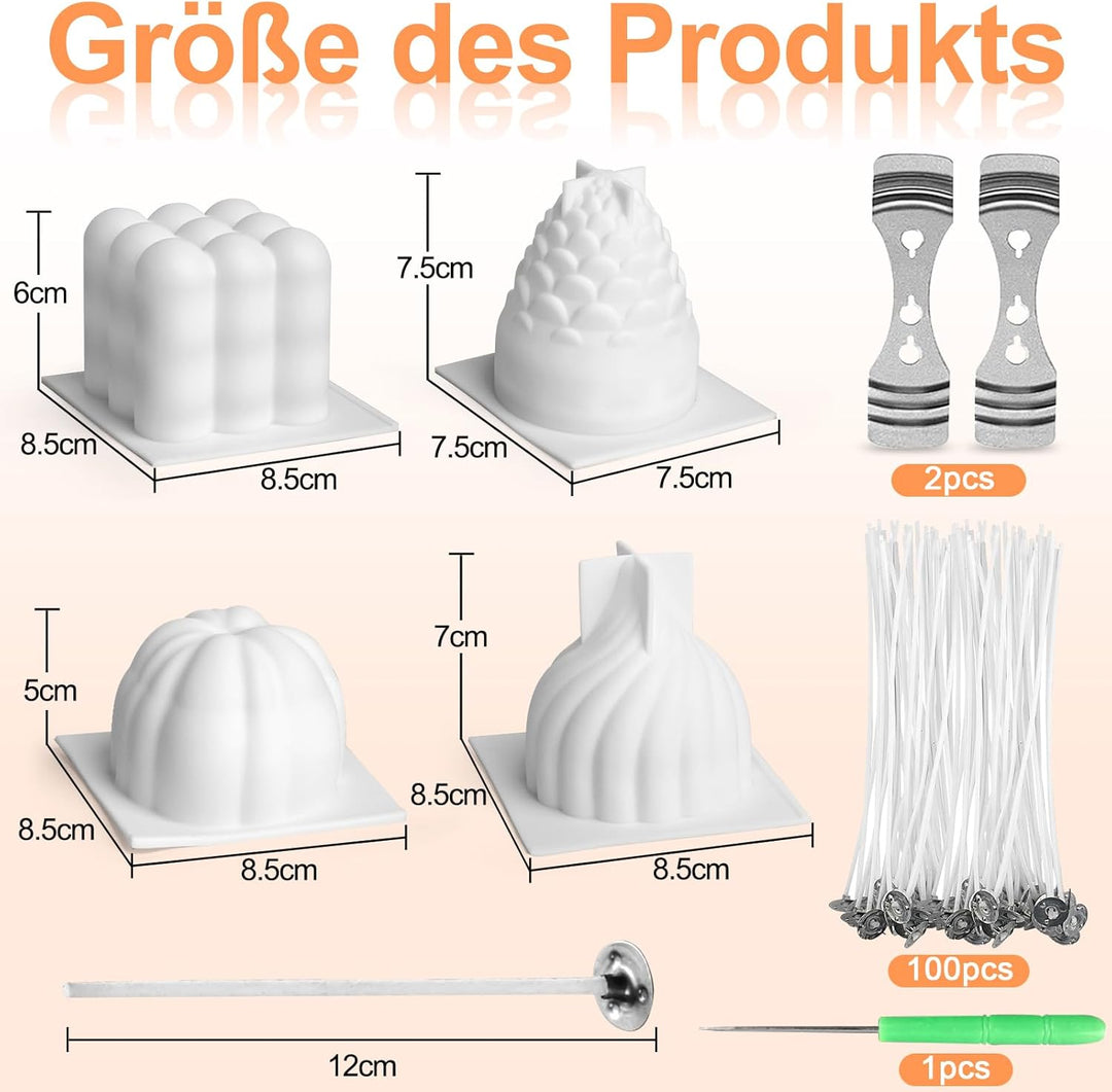 Kerzen Selber Machen Set, DIY Kerzenherstellung Kit,4 Stück 3D Silikonform Kerzenformen zum Giessen,