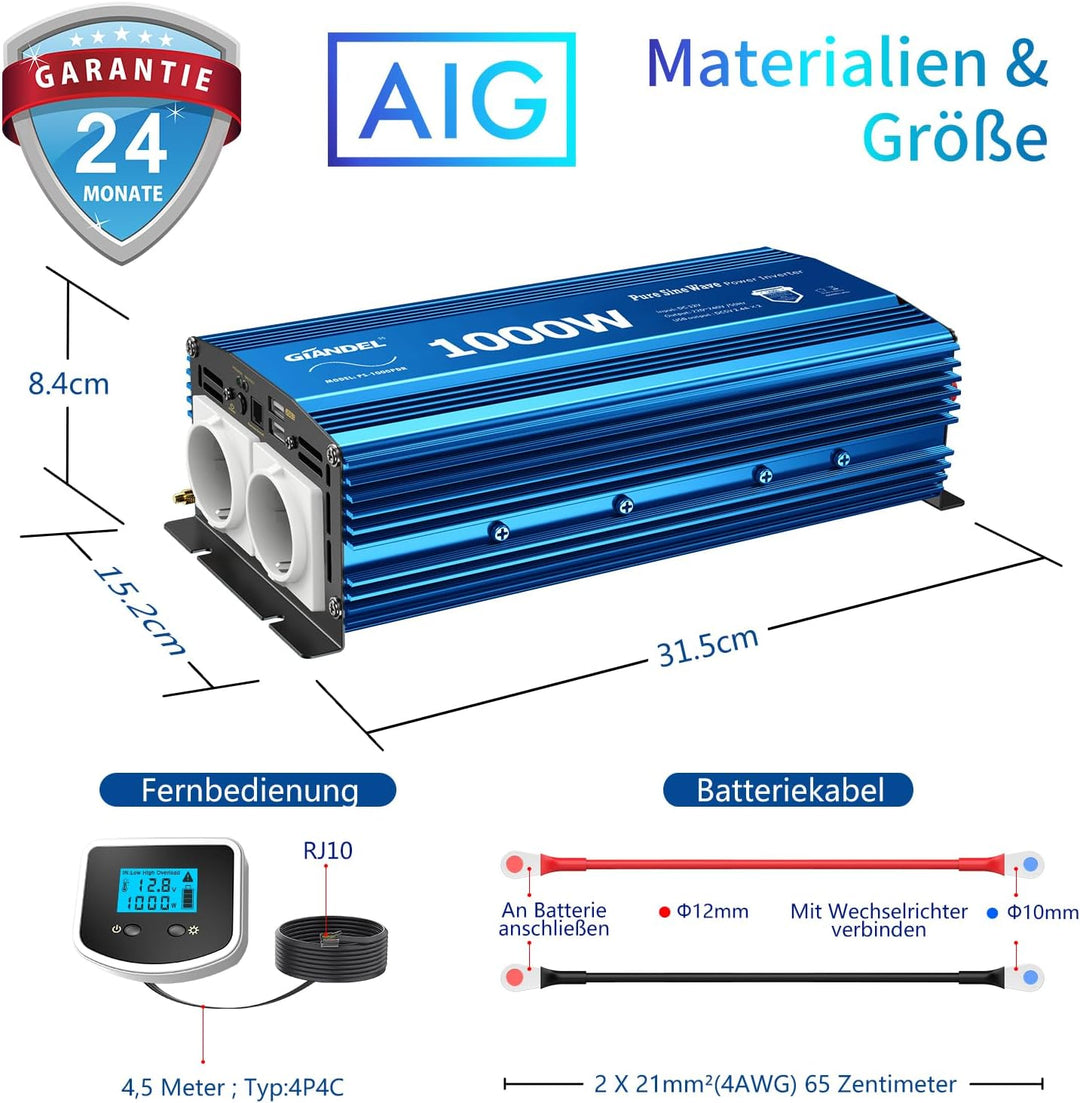 GIANDEL 1000W Wechselrichter Reiner Sinus 12V auf 230V KFZ Spannungswandler Power Inverter mit LCD-B
