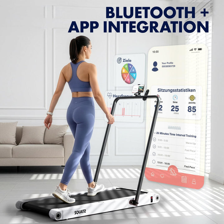 SQUATZ Walking Pad Laufband mit Handlauf für Zuhause, klappbar, Weiss 2-in-1 mit Vibrationsplatte, l