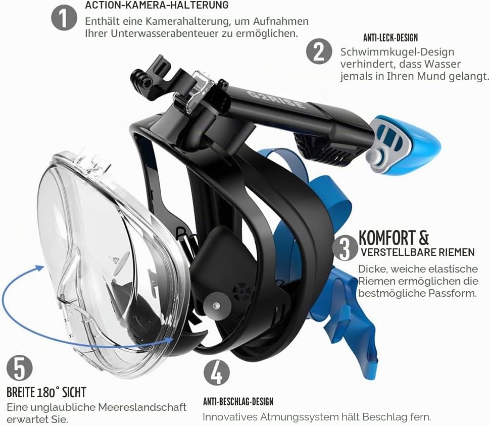 G2RISE® Schnorchelmaske, Tauchmaske, Faltbare CO2-sichere Schnorchel Vollmaske mit Kameraposition fü