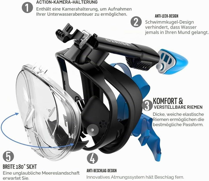 G2RISE® Schnorchelmaske, Tauchmaske, Faltbare CO2-sichere Schnorchel Vollmaske mit Kameraposition fü